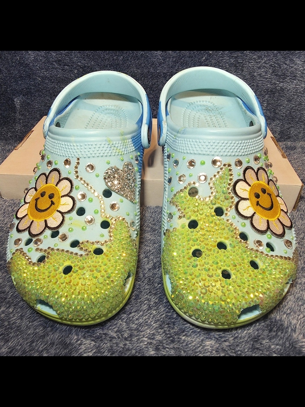 Light Blue & Lime Kids Water Clogs with Smiley Flower Rhinestones